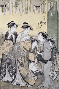 Courtesan Nishikido from Chojiya teahouse surrounded by her ladies (detail) by Katsukawa Shuncho