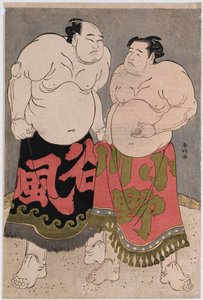 Full-length portraits of the wrestlers Onogawa Kisaburo and Tanizake Kajinosuke by Katsukawa Shunko