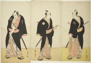 Actors Ichikawa Danjūrō V as Gokuin Sen’emon, Bandō Mitsugorō I as An no Heibei, and Nakamura Sukegorō II as Kaminari Shōkurō in “A Soga Drama on the First Festival Day in the Pleasure District” by Katsukawa Shunsho