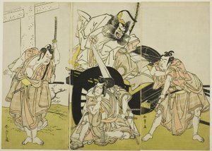 Actors Nakajima Mihoemon II as Fujiwara no Shihei, Ichikawa Ebizō III as Matsuo-maru, Ichikawa Yaozō II as Sakura-maru, and Ichimura Uzaemon IX as Umeo-maru in “Sugawara’s Secrets of Calligraphy” by Katsukawa Shunsho