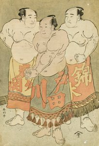 Full length Portraits of the Wrestlers Nishikigi, Todagawa and Iwagaseki presenting themselves in the Ring by Katsukawa Shunsho