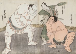 Onagawa Kisaburo and Tanikaze Kajinosuke Performing the Shiriki in the Dohyo, Refereed by Kimura Shonosuke