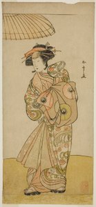 The Actor Ikushima Daikichi III as the Courtesan Naniwazu in the Play Saki Masuya Ume no Kachidoki, Performed at the Ichimura Theater in the Eleventh Month, 1777 by Katsukawa Shunsho