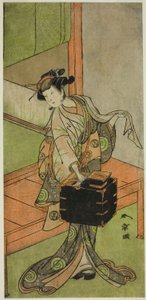 The Actor Yamashita Kinsaku II as Miyagino Disguised as a Hairdresser in the Play Kosode-gura no Tekubari, Performed at the Morita Theater in the Second Month, 1772 (?)