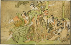 The Actors Ichikawa Komazo II as Minamoto no Yorimasa, Matsumoto Koshiro II as Osada no Taro Kagemune Disguised as Yatsurugi Zaemon, and Ichikawa Danzo III as I no Hayata Tadazumi, in the Play Nue no Mori Ichiyo no Mato by Katsukawa Shunsho