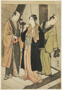 The Actors Ichikawa Monnosuke II (left), Iwai Hanshiro IV (center), and Iwai Karumo (?) (right), on a Landing Backstage by Katsukawa Shunsho