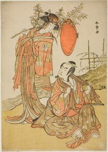 The Actors Ichikawa Monnosuke II and Segawa Kikunojo III as the Lovers Seijuro (right) and Onatsu (left), in the Elopement Scene "Michiyuki Hiyoku no Kiku-cho" (An Elopement: Chrysanthemum-and-Butterfly Lovebirds), a Dance Interlude from Part Two of the Pl