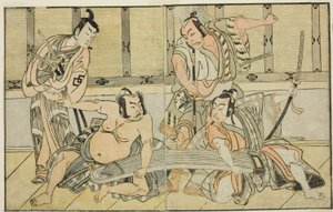The Actors Ichikawa Yaozo II as Kujaku no Saburo, Matsumoto Koshiro II as Hata no Daizen Taketora, Nakajima Mihoemon II as Aramaki Mimishiro, and Nakamura Shocho I as Ki no Tsurayuki, in the Play Kuni no Hana Ono no Itsumoji, Performed at the Nakamura-za by Katsukawa Shunsho