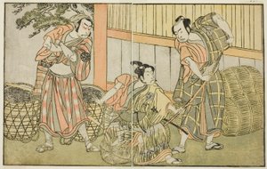 The Actors Kasaya Matakuro II as Hagun Taro, Ichikawa Monnosuke II as Izutsu no Suke Narihira, and Nakamura Nakazo I as Kose no Kanaoka Disguised as Sogoro the Charcoal Maker, in the Play Kuni no Hana Ono no Itsumoji, Performed at the Naka by Katsukawa Shunsho