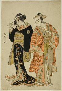The Actors Matsumoto Koshiro IV and Segawa Kikunojo III as the Lovers Choemon and Ohan, in the Elopement Scene "Michiyuki Segawa no Adanami"