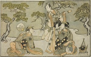 The Actors Nakamura Nakazo I as Matsukaze, Ichikawa Komazo II as Ariwara no Yukihira, and Iwai Hanshiro IV as Murasame, in the Play Kuni no Hana Ono no Itsumoji, Performed at the Nakamura Theater in the Eleventh Month, 1771
