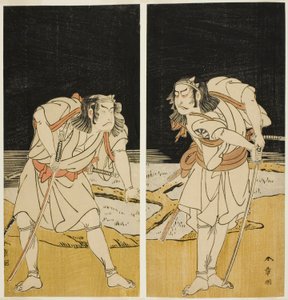 The Actors Nakamura Nakazo I as Omi no Kotoda, and Otani Hiroji III as Bamba no Chuda, in the Joruri "Sono Chidori Yowa no Kamisuki" (The Plovers: Combing Hair at Midnight), from Part Two of the Play O-atsurae-zome Soga no Hinagata