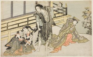 The Actors Nakamura Noshio I as Nyosan no Miya, Ichikawa Danjuro V as the Renegade Monk Yochin, and Yamashita Kinsaku II as the Maid Mutsuhana, in the Play Fuki Kaete Tsuki mo Yoshiwara, Performed at the Morita Theater by Katsukawa Shunsho