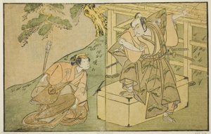 The Actors Onoe Matsusuke I as Akaboshi Taro and Azuma Tozo II as Shirotae, in the Play Kono Hana Yotsugi no Hachi no Ki, Performed at the Ichimura Theater in the Eleventh Month, 1771 by Katsukawa Shunsho