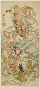 The Actors Sawamura Sojuro II as the Chinese Sage Huangshi Gong (on horseback), and Ichikawa Danzo III as the Chinese Warrior Zhang Liang (mounted on a dragon), in the Finale of the Play Otokoyama Yunzei Kurabe (At Mt. Otoko, a Trial of Strength in Drawing