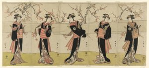 The Actors Segawa Kikunojo III as Karigane Obun, Nakayama Tomisaburo I as An no Oyasu, Iwai Kiyotaro II as Kaminari no Osha, Nakayama Tatezo I as Gokuin no Osen, and Ichikawa Monnosuke II as Hotei no Oichi, in 