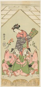 The Actors Segawa Kikunojo II as the Wet Nurse Reizei, Ichikawa Komazo I as Suruga no Hachiro in the Guise of the Shamisen Player Kichiroku, and Ichikawa Yaozo II as Tada no Kurando in the Guise of the Palanquin Bearer Kichinai, in the Scene by Katsukawa Shunsho
