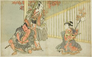 The Actors Yamashita Kinsaku II as Mutsuhana, Bando Mitsugoro I as Kashiwagi no Emon, and Nakamura Sukegoro II as Akamatsu Mushanosuke, in the Play Fuki Kaete Tsuki mo Yoshiwara by Katsukawa Shunsho