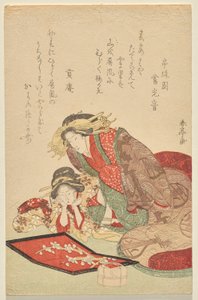 Courtesan and apprentice viewing a shell screen by Katsukawa Shuntei