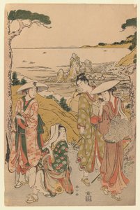A Company of Pilgrims from Yedo Outside a Tea House on the Hills Behind the Beach of Futami Admiring the View by Katsukawa Shunzan
