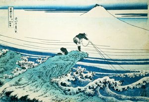 A Fisherman Standing on a Rocky Promontory at Kajikazawa in Kai Province, from the series "36 Views of Mt. Fuji"