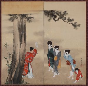 A Shinto Priest, Three Women and a Child, Edo Period