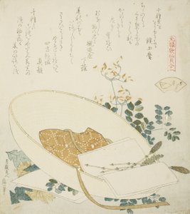 Freshly-Picked Flowers in a Traveler’s Hat, Illustration for The Thousand-grasses Shell by Katsushika Hokusai