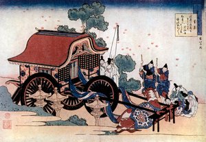Pulling a three-wheeled carriage, Japanese woodcut, c1780-1849 by Katsushika Hokusai