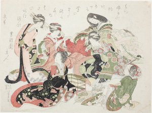 Six Women Seated Around a Bird Cage by Katsushika Hokusai