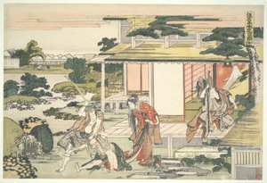 The Loyal League of Forty-seven Rōnin (Chūshingura), Act VII: Tea House Scene. Ichiriki Heiyemon Dragging Out the Spy Kudayū by Katsushika Hokusai