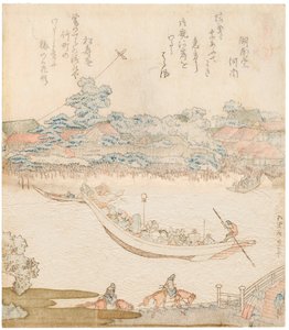 The banks of the Sumida river, Komatomeishi. Triptych from the series Umazukushi, Central part, 1822
