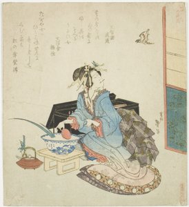 Geisha looking up at a cuckoo, from the series "Five Annual Festivals for the Katsushika Circle"