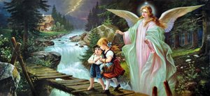 A Guardian Angel Protects Two Children Crossing a River on an Old Wooden Bridge, Early 20th Century