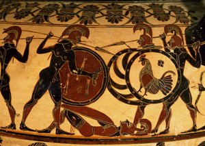 Detail of a Corinthian vase showing a hoplite battle, c.600 BC