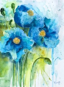 Blue Watercolor Poppies