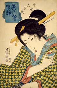 Half-Length Portrait of Young Woman with Cup in Her Hand, circa 1830, Ukiyo-e by Keisai Eisen, Mirror with Beautiful Women Series, Edo Period