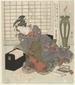 A Geisha Leaning on Her Shamisen Box by Keisai Eisen