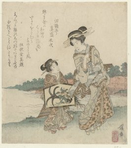 Woman and Servant with Temple Gift by Keisai Eisen