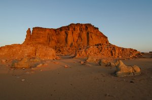 Moonset and sunrise, Temple of Taharka, Ram Gate, Gebel Barkal, Temple Complex, Pharaoh Taharka, 2007 by Kenneth Garrett