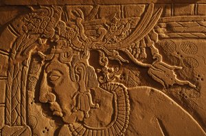 Temple 21 throne bench, carving of King Akhal Mo Nab, Palenque, Mexico, 2005 (photo) by Kenneth Garrett