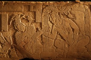 Temple 21 throne bench, carving of King Akhal Mo Nab, Palenque, Mexico, 2005 (photo) by Kenneth Garrett