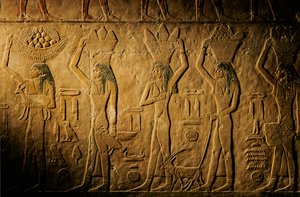 Women Carrying Bread, Bird, Goat and Produce, Tomb of Tiye, Egypt; Old Kingdom; Saqqara