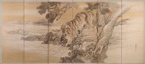 Six-Fold Screen Depicting a Drinking Tiger