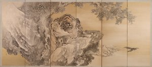 Six-Fold Screen Depicting a Roaring Tiger