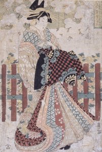 Tsukioka of the Tama-Ya, a Triptych of Beauties and Flowers by Kitagawa II Utamaro