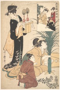 A Woman and a Man Arranging Flowers for the Tsukimi (Moon Festival) by Kitagawa Utamaro