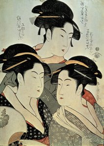 Close-up of a painting of three women, Kansei era, Japan by Kitagawa Utamaro