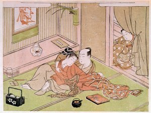 Couple caressing under the gaze of the handmaid by Kitagawa Utamaro