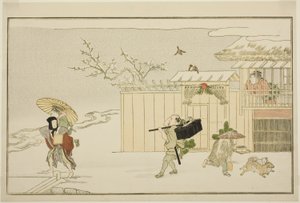 Delivering New Year Gifts in the Snow, from the Illustrated Kyoka Anthology 