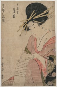 The Courtesan Tsukioka of Hyogoya Rolling a Letter, from the series 